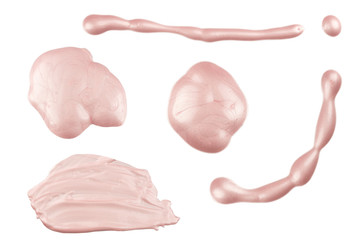 Set of six face make-up liquid pale pink foundation stroke samples, isolated on white background, clipping path included