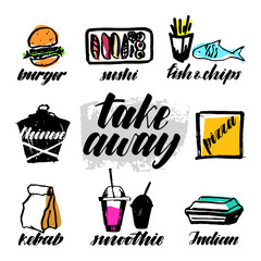 Set take away food. Fast food colored hand drawn icons made with ink brush pen and written calligraphic names on white background.