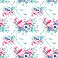 Foto auf Acrylglas Watercolor flowers and gemstones seamless pattern. Hand painted repeating floral wallpaper design with  minerals. Vintage style peony, roses, anemone, berries and leaves posy, jewels. © ldinka