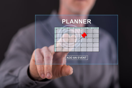 Man touching an event adding on planner concept on a touch screen