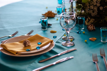 wedding decor in blue colors, sea theme style