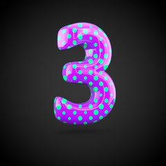 Violet alphabet number 3 with blue dots isolated on white background.