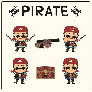 Set isolated pirate in cartoon style. Collection funny pirate in different poses with pistols, sword, gun and chest.