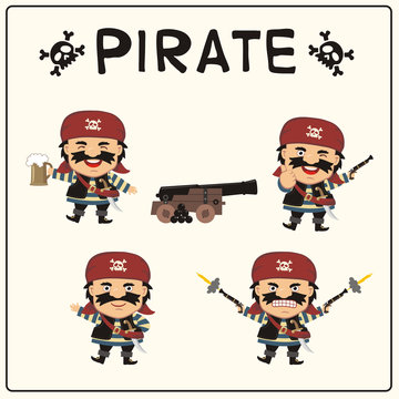 Set isolated pirate in cartoon style. Collection funny pirate in different poses with pistols, sword, beer mug and ship gun.