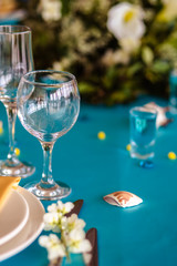 wedding decor in blue colors, sea theme style