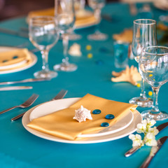 wedding decor in blue colors, sea theme style
