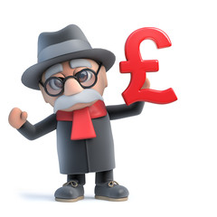 3d Funny cartoon old man character holding UK Pounds Sterling symbol