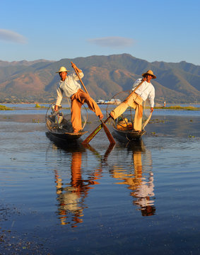 Traditional fishermen at Inle lake in Myanmar