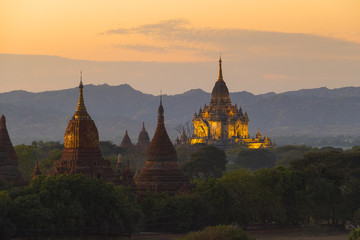 Illuminated Temples of Bagan in dusk
