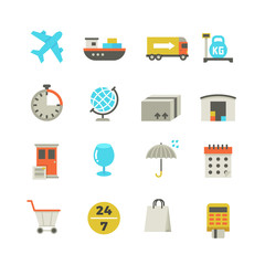 Import and export delivery logistics, aircraft shipping, loading vector flat icons