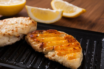 Halloumi roasted on grill cypriot cheese on wood
