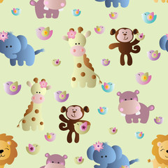 Drawing of a seamless pattern with cute african animals - hippopotamus, monkey, elephant, lion and giraffe in cartoon style