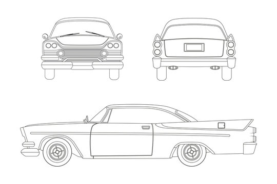Outline drawing of retro car. Vintage cabriolet. Front, side and back view. 