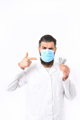 Bearded brutal caucasian doctor or postgraduate student