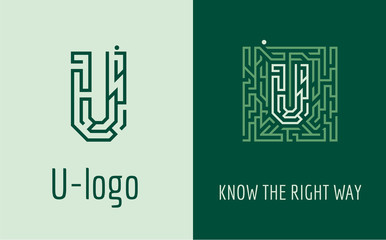 Creative logo for corporate identity of company: letter U. The logo symbolizes labyrinth, choice of right path, solutions. Suitable for consulting, financial, construction, road companies, quests. © kfilonovfotolia