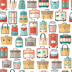 Vector illustration seamless background pattern big set of bags. Luggage, women's bags, briefcases and backpacks vector