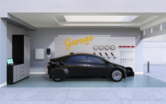 Side view of black electric vehicle charging in residential garage. 3D rendering image.