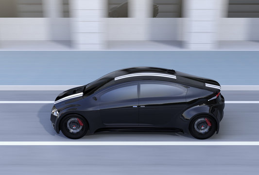 Side view of black sports car driving on the street. 3D rendering image.