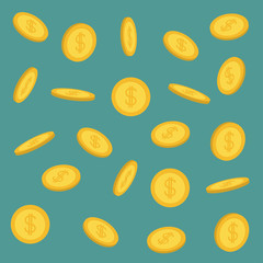 Golden coin 3D icon set. Flying falling down cash money rain. Dollar sign symbol. Income and profits. Business finance concept. Green background. Isolated Flat design