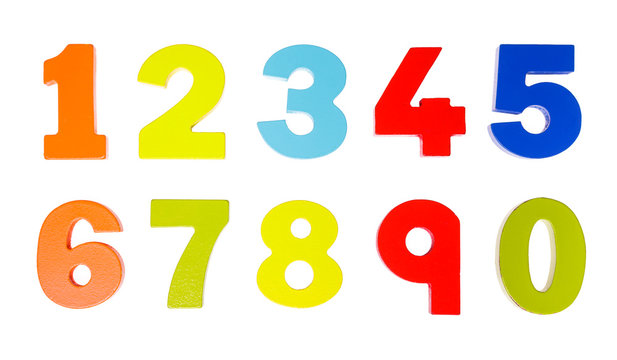 Colorful wooden toy numbers on white background