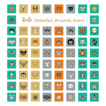 Collection of 66 colorful animal head icons