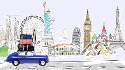 Around the world. Blue retro toy car with travel cases driving by famous monuments. - 145551046