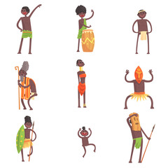 African Tribe Members Dancing And Doing Religious Rituals In Leaf Loincloths Set Of Smiling Cartoon Characters