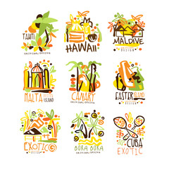 Madagascar, Crete, Bali, Seychelles, Ibiza, Jamaica resort set for label design. Summer beach tourism and rest vector Illustrations