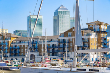 Boats and yachts moored at Limehouse Basin Marina in London