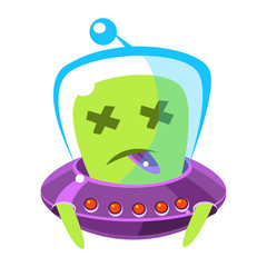 Dead alien in a flying saucer, cute cartoon monster. Colorful vector character