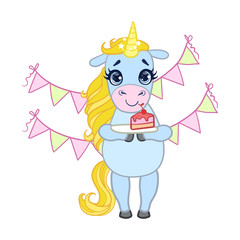 Cartoon light blue unicorn holding a plate with piece of cake. Colorful vector character