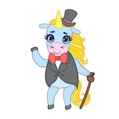 Cartoon light blue unicorn in elegant suit with cane and hat. Colorful vector character