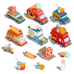 Set of vector isometric illustrations cars fast delivery of food and food trucks - pizza, ice cream, hot dogs, milk, roast chicken, french fries