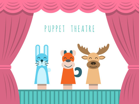 Childrens performance in the puppet theater at the theater with price, curtain and scenery.