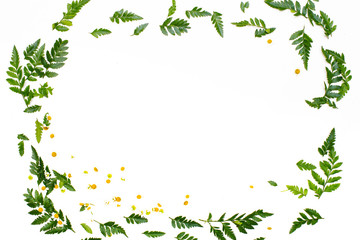 Fototapeta premium Floral frame with yellow roses and female accessories on white background. Space for text, flatlay, top view. 