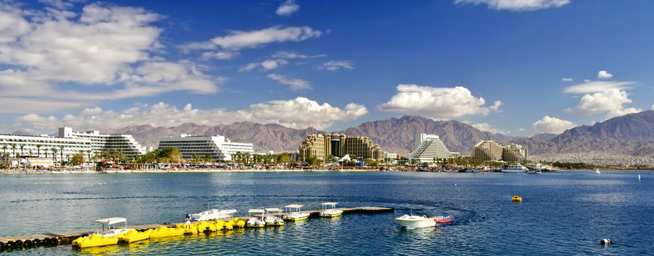 View on the gulf of Aqaba from the central beach of Eilat - famous resort and recreational city in Israel