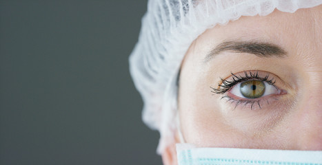 close up portrait of a woman surgeon or doctor with mask ready for operation in hospital or clinic.
