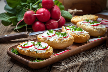 Toasts with radish, chives and cottage cheese.