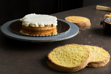 Delicious sponge cake filled with butter cream and decorated with frosting