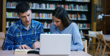A couple of students, study and do research together on the library computer. Concept: teamwork, study, research, design.