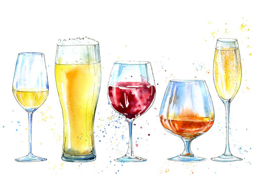 Glass of a champagne,cognac, wine, beer. Picture of a alcoholic drink.Watercolor hand drawn illustration.