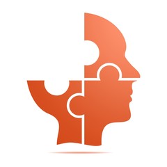 The color orange human head composed of orange puzzle pieces with gray shadow below the head on a white background. Incomplete human head composed of geometric elements 