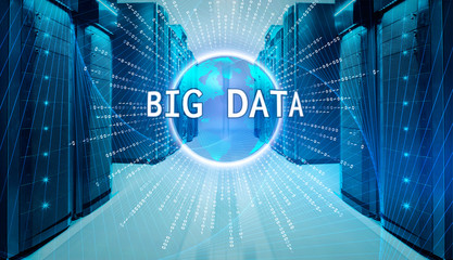 Futuristic infographic with holographic planet earth and binary code. symmetrical futuristic modern server room in modern data center