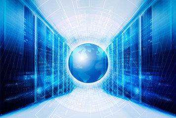 Big data from binary code around planet earth in the symmetrical futuristic modern server room of modern data center