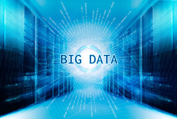 Futuristic infographic with holographic planet earth and binary code. symmetrical futuristic modern server room in modern data center