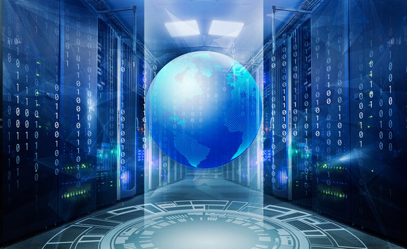symmetrical futuristic modern server room in the data center wit Holographic 3d planet earth against blue abstract background with circles, triangles and binary code
