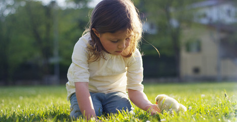 The best moments from life, the sweet girls, plays in the park with little chickens(yellow), on the background of green grass and trees, the concept: children, love, ecology, environment, youth.