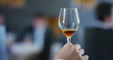 glass of red wine poured directly in the vineyards during the harvest of black grapes. concept of organic and healthy . connection with the world of wine .