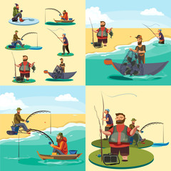 Set of cartoon fisherman catches fish sitting boat fisher threw fishing rod into water, happy fishman holds catch and spin, man pulls net out of the water, fishing on ice icon vector illustration