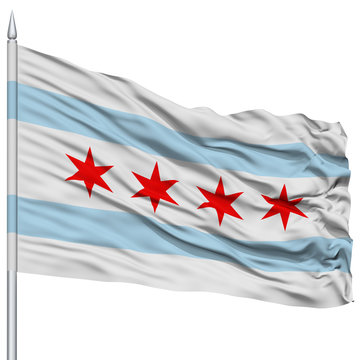 Chicago City Flag On Flagpole, Illinois State, Flying In The Wind, Isolated On White Background